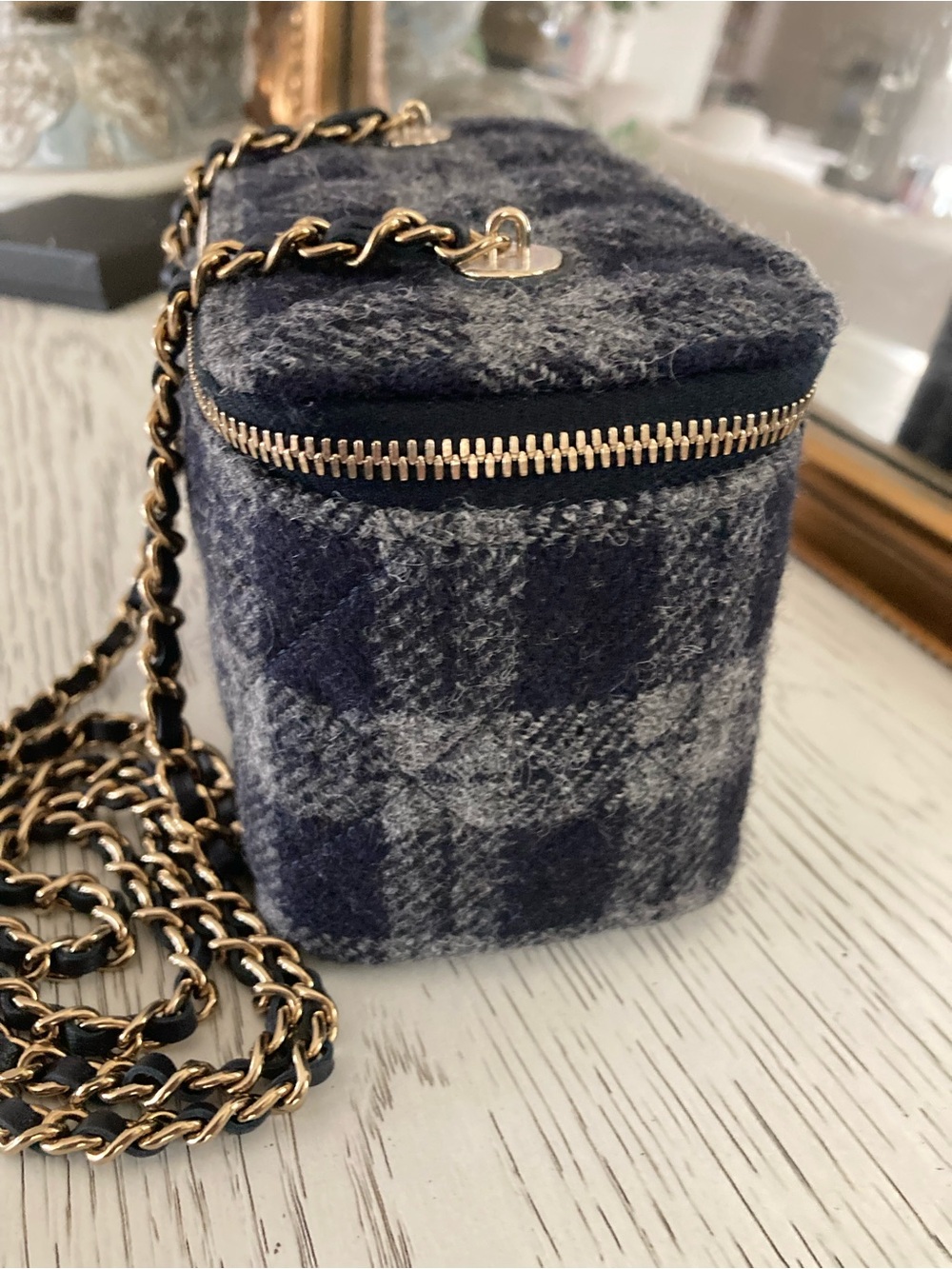 CHANEL Blue Plaid Wool Vanity Crossbody with Gold Chain - Picture 3 of 11